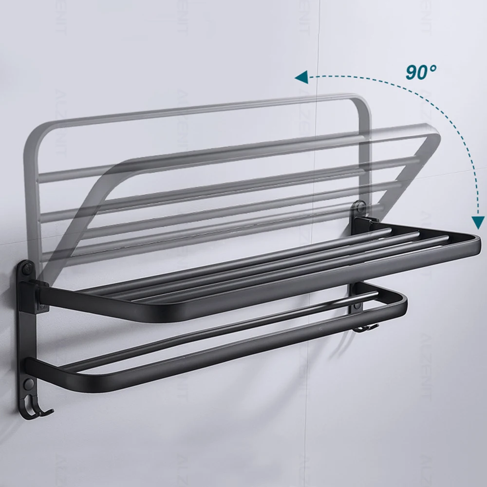 towel rack 40 60 cm folding holder with hook bathroom accessories wall mount hanger shower bar aluminum rail matte black shelf free global shipping