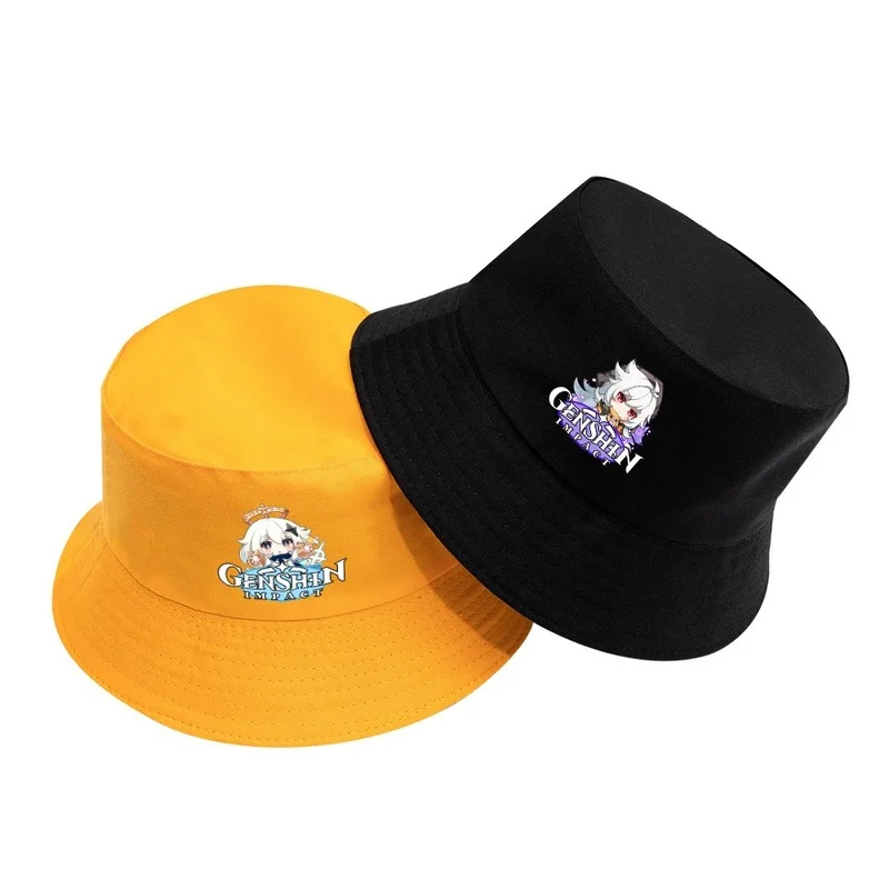 

Genshin Impact Print Bucket Hat Anime Diluc Cap Solid Color Casual Shade Fisherman's Hats Outdoor Beach Kids Boy Girl Sun Caps