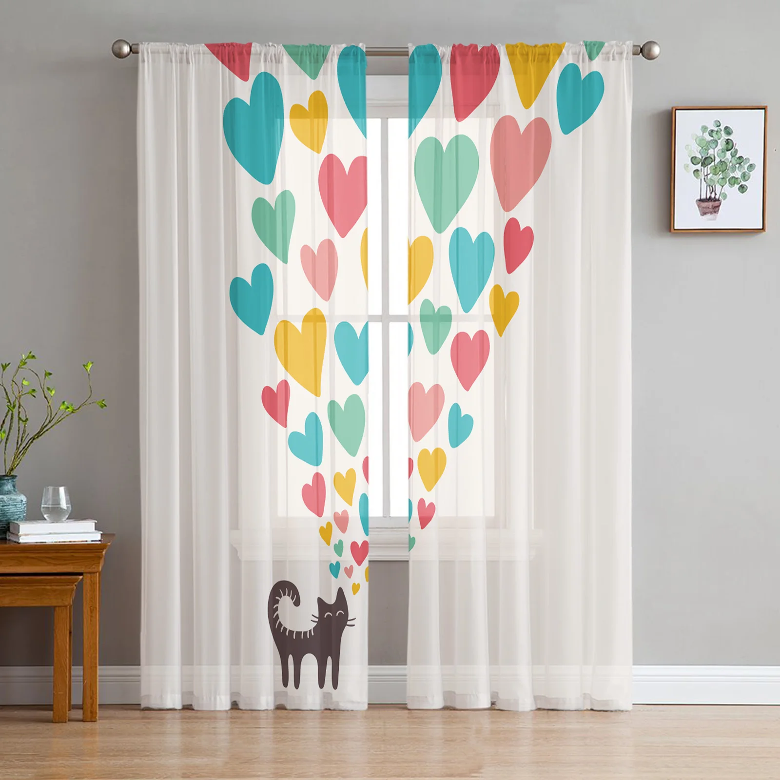 

Love Kitten Cute Illustration ColorfulTulle Curtains For Living Room Modern Yarn Voile Window Drapes Sheer for the Bedroom