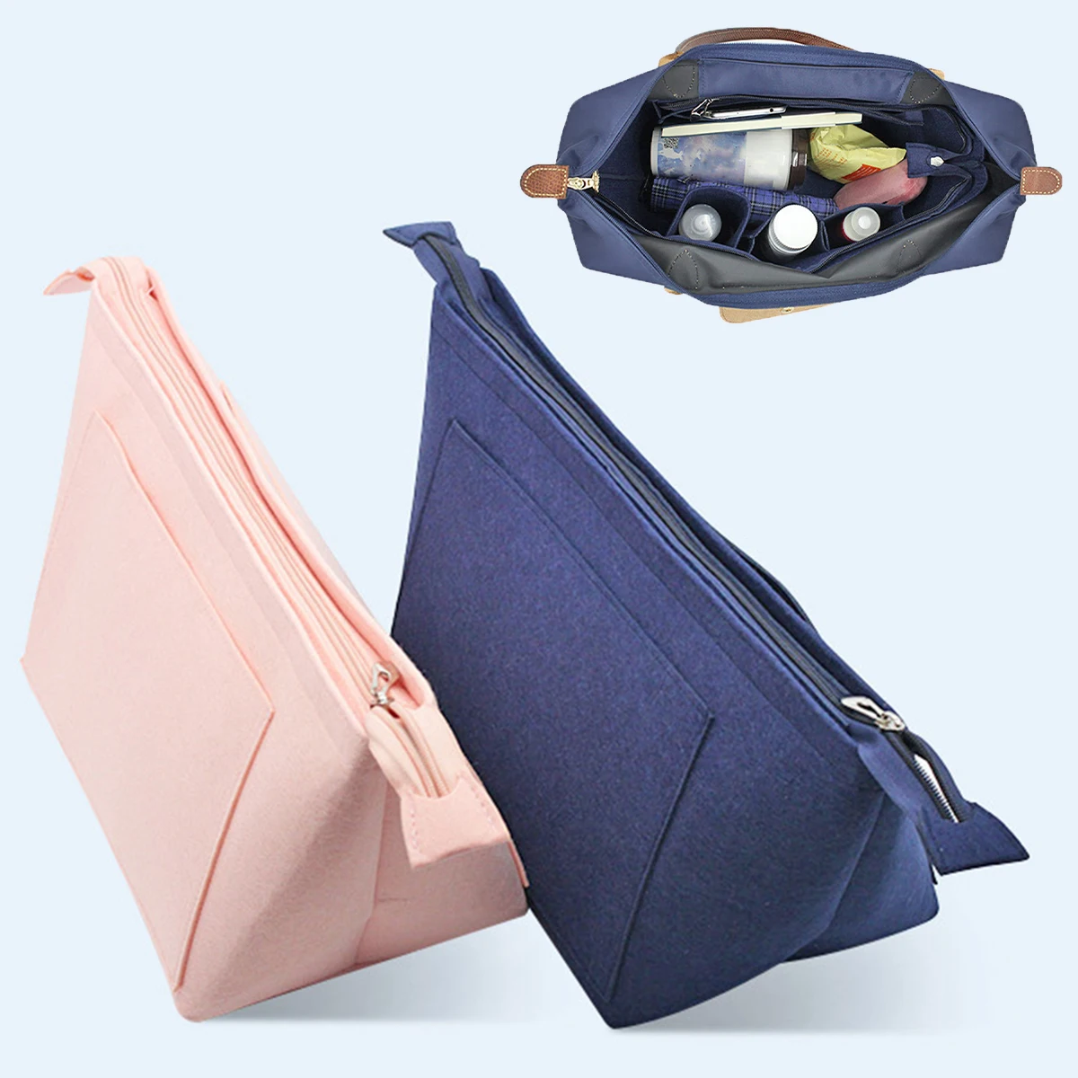 

Makeup Organizer Bag Felt Cloth Handbag Insert Organizer with Zipper Multi-Pockets Cosmetic Bags Large Capacity Handbag Insert