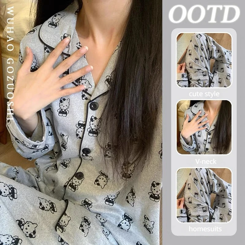 

Sanrio, Hello Kitty пижамные комплекты Kawaii Мультфильм осень зима женские хлопковые с длинными рукавами мужские Повседневные С V-образным вырезом лацканами одежда для сна