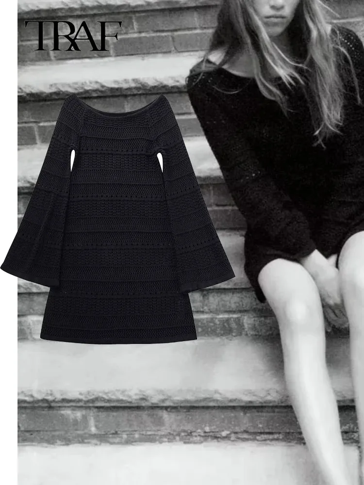 

TRAF Autumn Winter Women Sweater Dress Hollow Out Knitted Long Flare Sleeve Slim A-Line Female Sexy Mini Dress