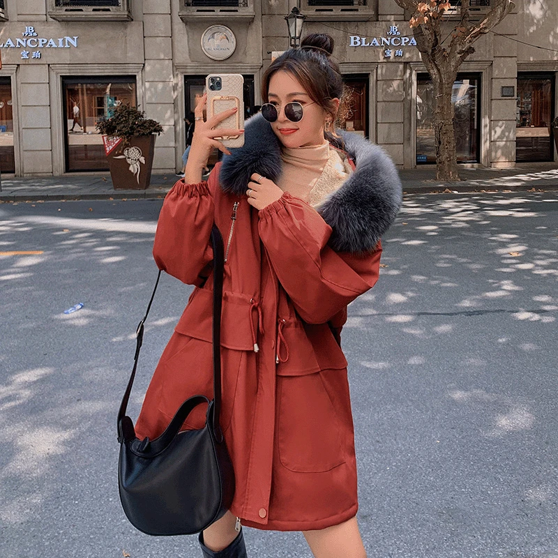 Winter new big fur collar waist cotton clothes mid-length knee thick parker cotton dress women