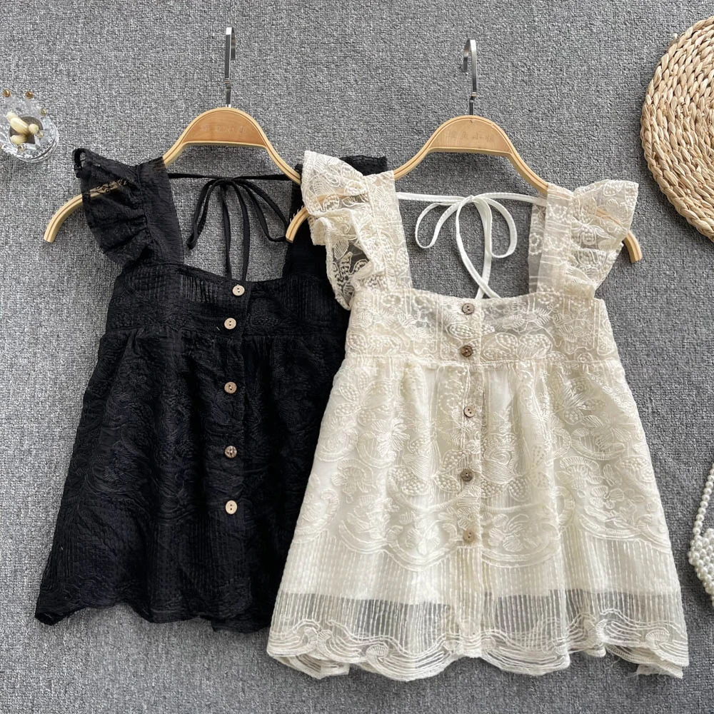 

2022 Summer New Korean Version Small Fresh Temperament Square Collar Single-breasted Shirt Female Super Fairy Temperament Top