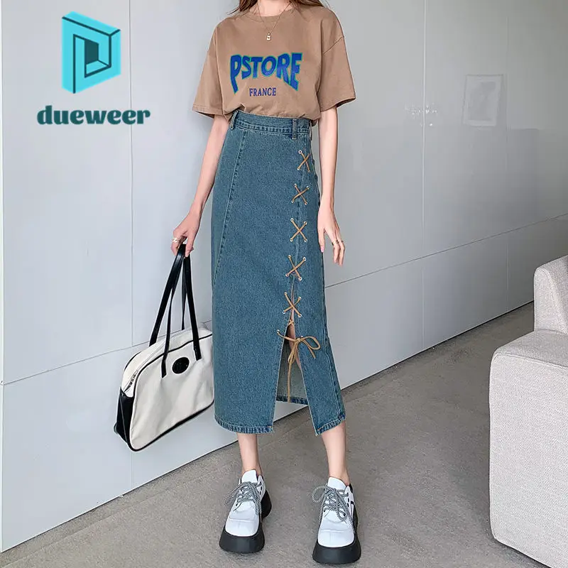 

DUEWEER Summer High Waist Denim Skirt Elegant Women's a-Line Slit Midi Long Skirt Korean Streetwear Skirts Woman Fashion 2022
