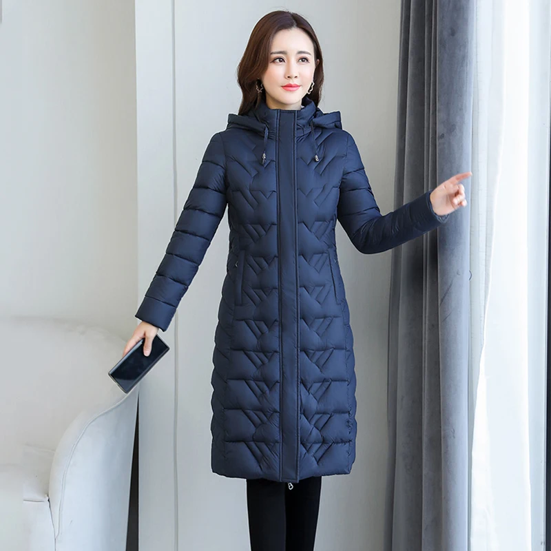 

Women's Long Winter Jacket Solid Quilted Hooded Ladies Warm Coats Pockets Zipper Slim Cotton Padded Outwear for Female 2021