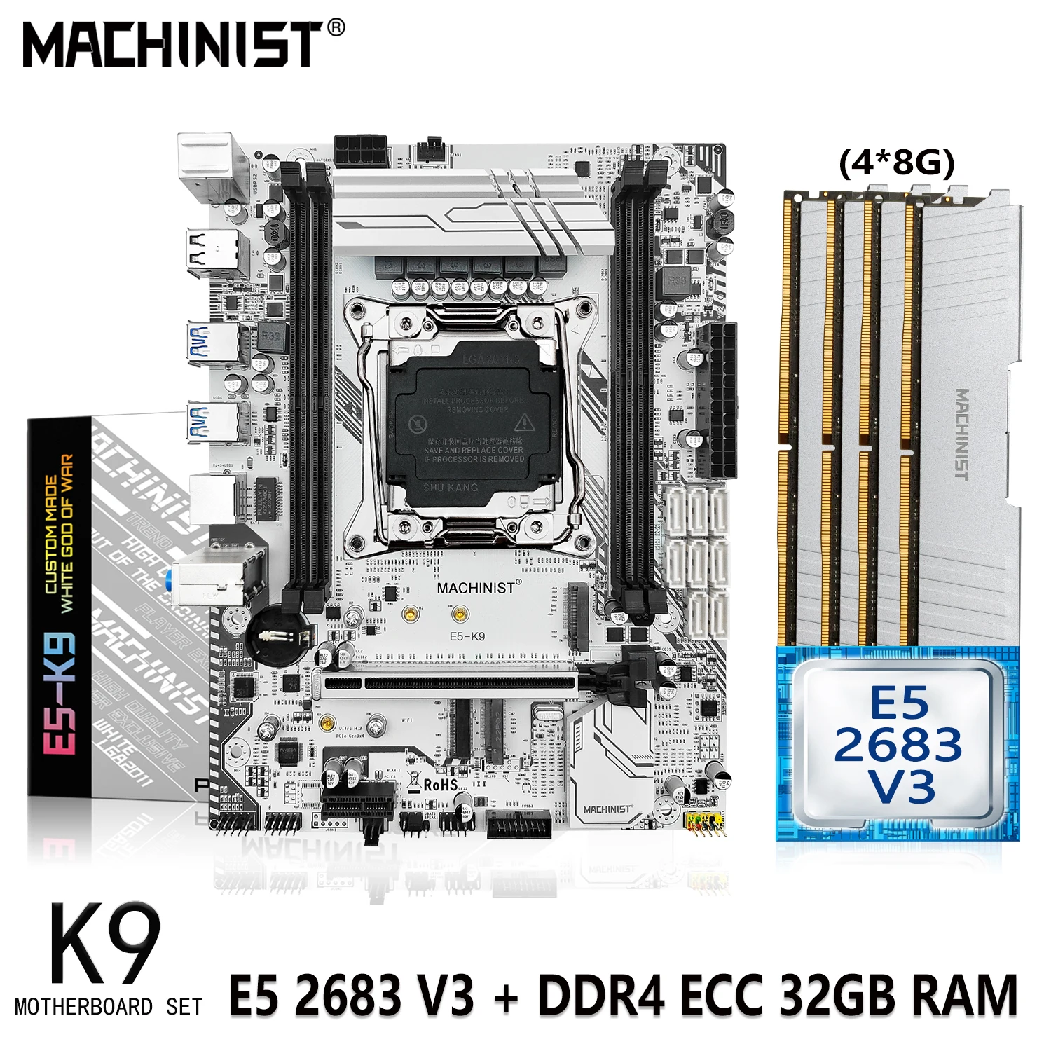 

MACHINIST X99 K9 Kit Motherboard With Xeon E5 2683 V3 CPU Processor LGA 2011-3 Set 32GB(4*8G) DDR4 ECC RAM Memory Sata M.2