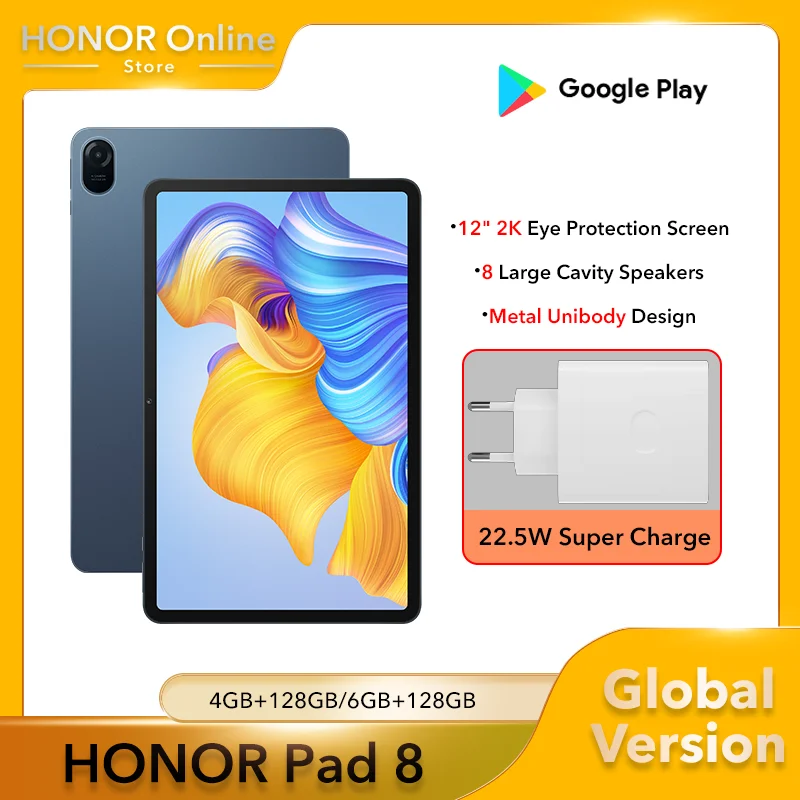 Global Version HONOR Pad 8 12 Inch 2K Eye Protection Screen 128GB Octa-core 8 Speakers 22.5W Super Charging Ultra-thin Tablet