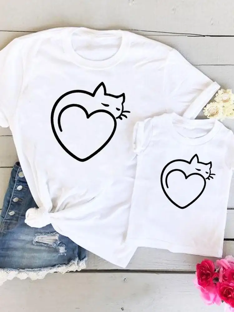 

Family Matching Outfits Women Love Kid Child Summer Love Heart Cat Animal Print Mom Mama Tshirt Tee T-shirt Clothes Clothing