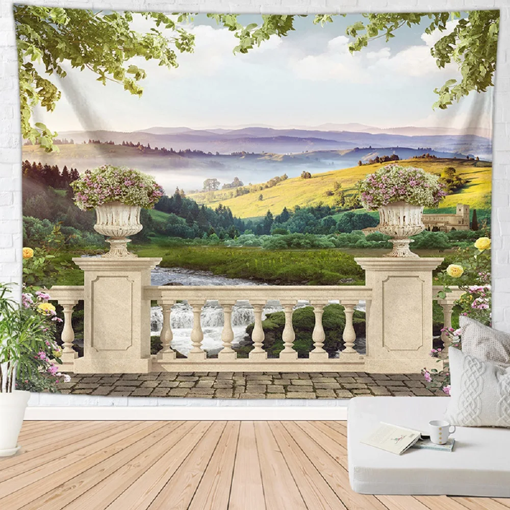 European Balcony Garden Tapestry Flowers Mountain Ocean Nature Scenery Tapestries Bedroom Living Room Dorm Decor Wall Hanging