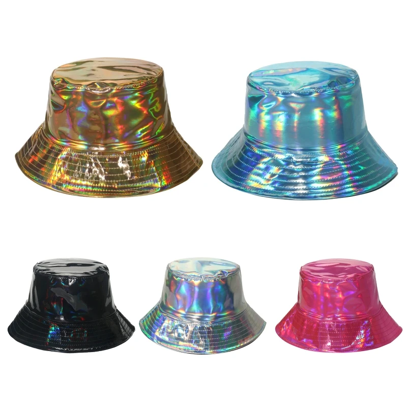 

28TF Summer Fisherman Hat for Women PU Metallic Bucket Hats All-match Wide Brim