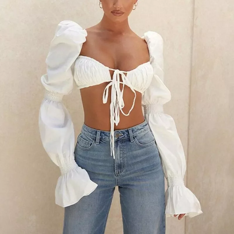 New in White Puff Sleeve Tie Front Top Women Blouse Shirts Elegant Hot Sexy Backless Crop Tops Fashion Blusas Spring Tops Chic j