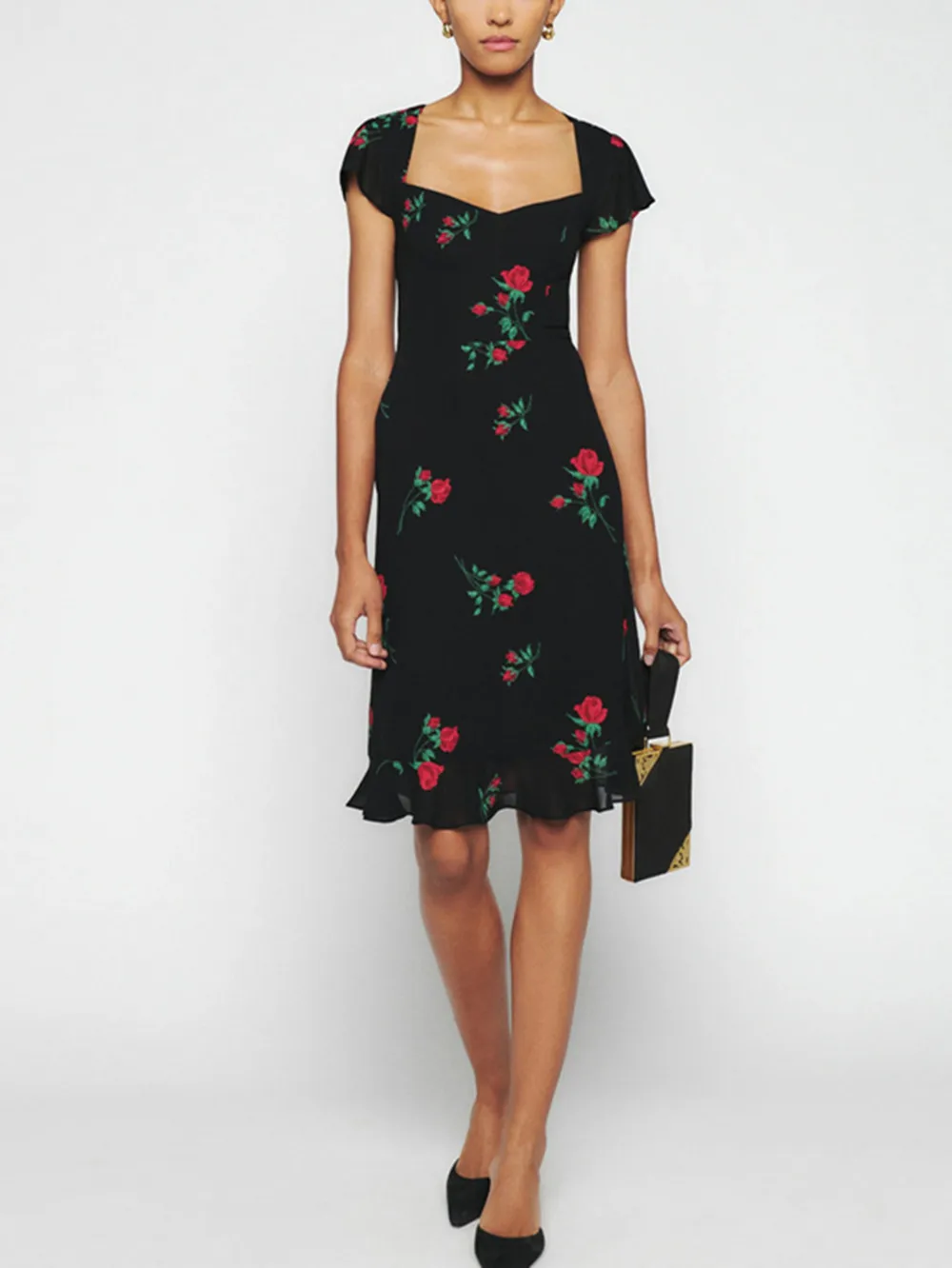 

Женское приталенное платье с открытой спиной, привлекательное облегающее платье средней длины с квадратным вырезом, короткими рукавами и оборками в стиле ретро с принтом роз, новинка на лето