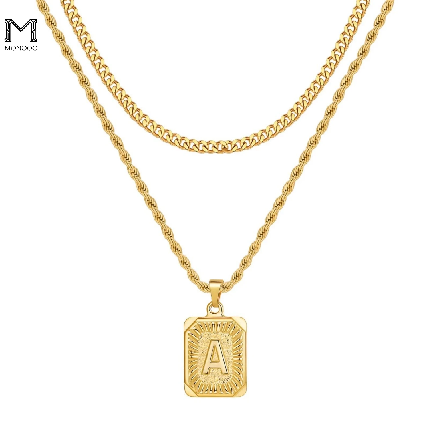 

MONOOC Gold Initial Necklace for Men Women 18K Gold Plated Layered Cuban Link Chain Rope Square Pendant Jewelry Christmas Gifts