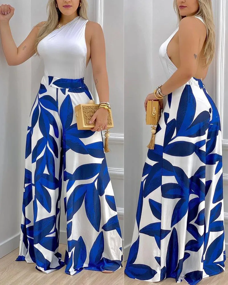 

Women Print One Shoulder Backless Wide Leg Jumpsuit