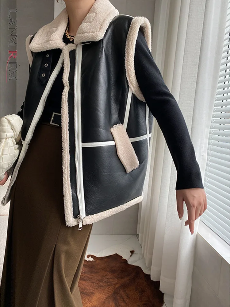 

LANMREM кожаный жилет с искусственным мехом, Женское пальто с отворотом, без рукавов, в стиле пэчворк, модная универсальная крутая одежда, зима ...