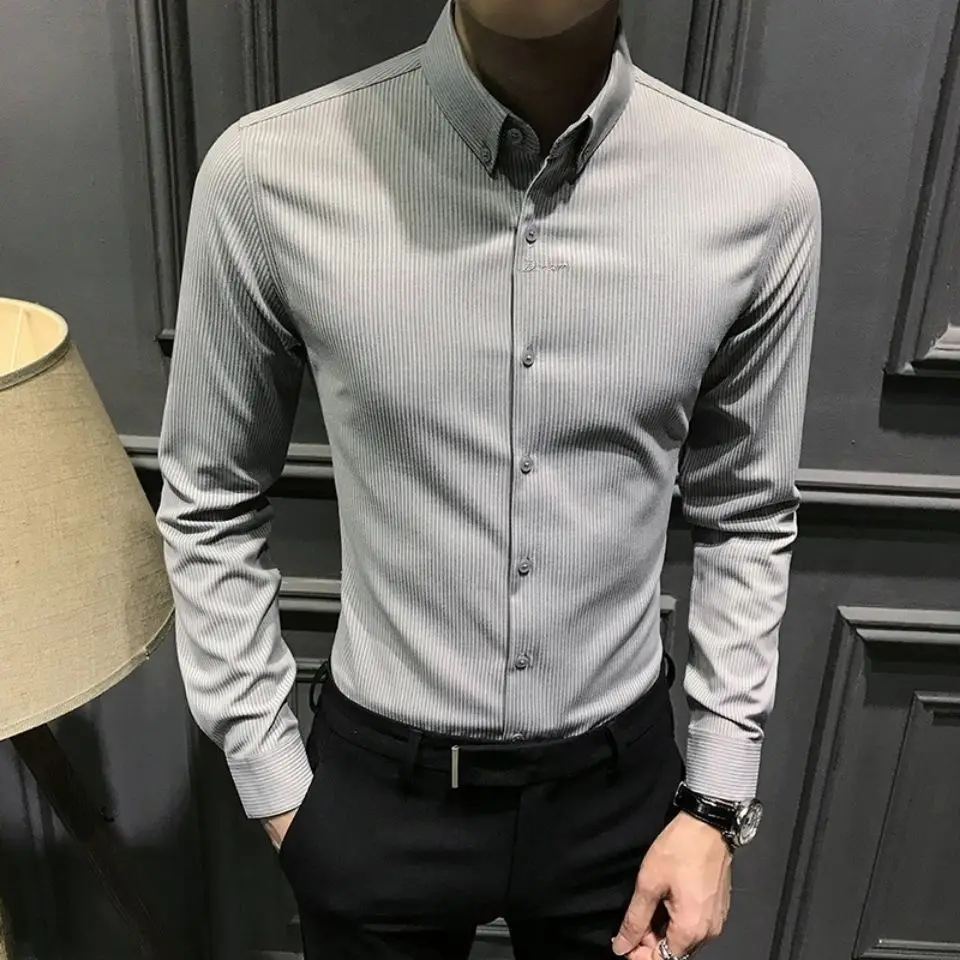 Han edition age season long sleeve men striped shirt embroidered shirts leisure handsome coat of cultivate one's morality