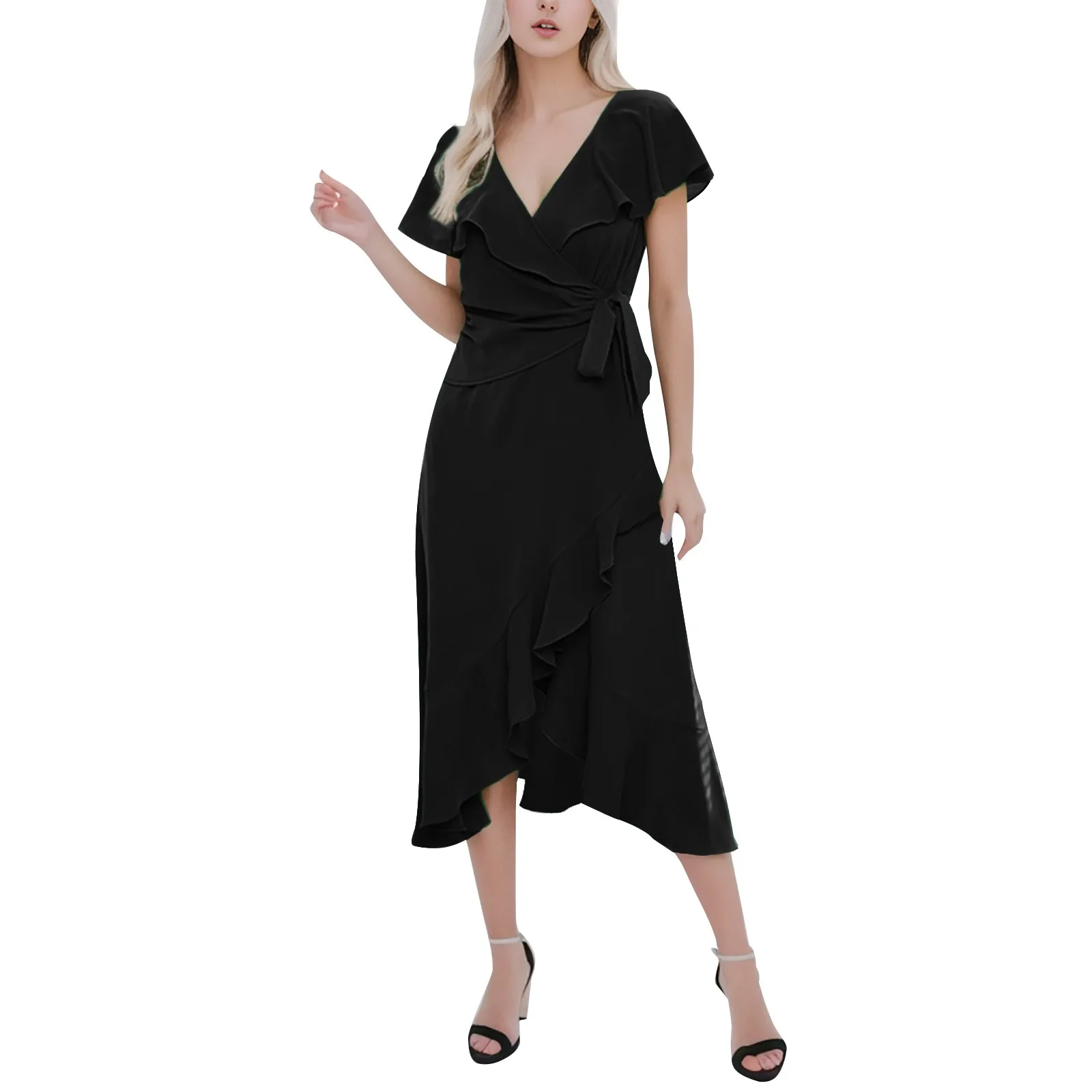 

Women Slim Temperament Solid Color Flowing Leaf Big Swing V Neck Chiffon Dress Mother If The Bride Dress