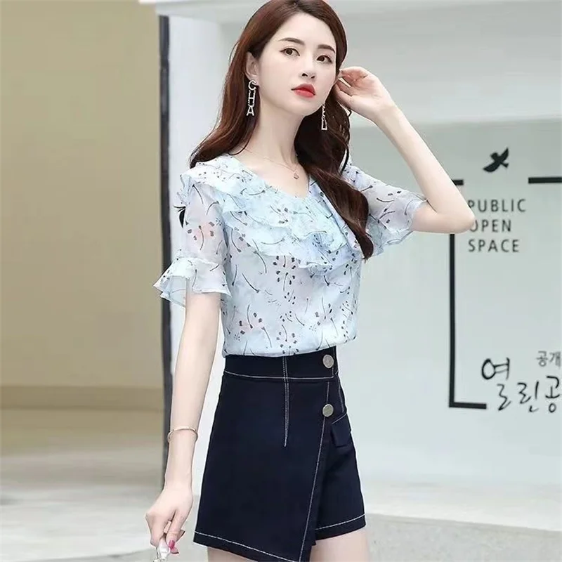 Женская двойная шифоновая рубашка Корейская версия Модный пуловер с оборками и