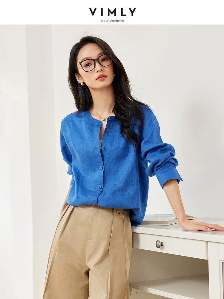 Женская Осенняя блузка VIMLY из 100% льна винтажная прямая Свободная рубашка