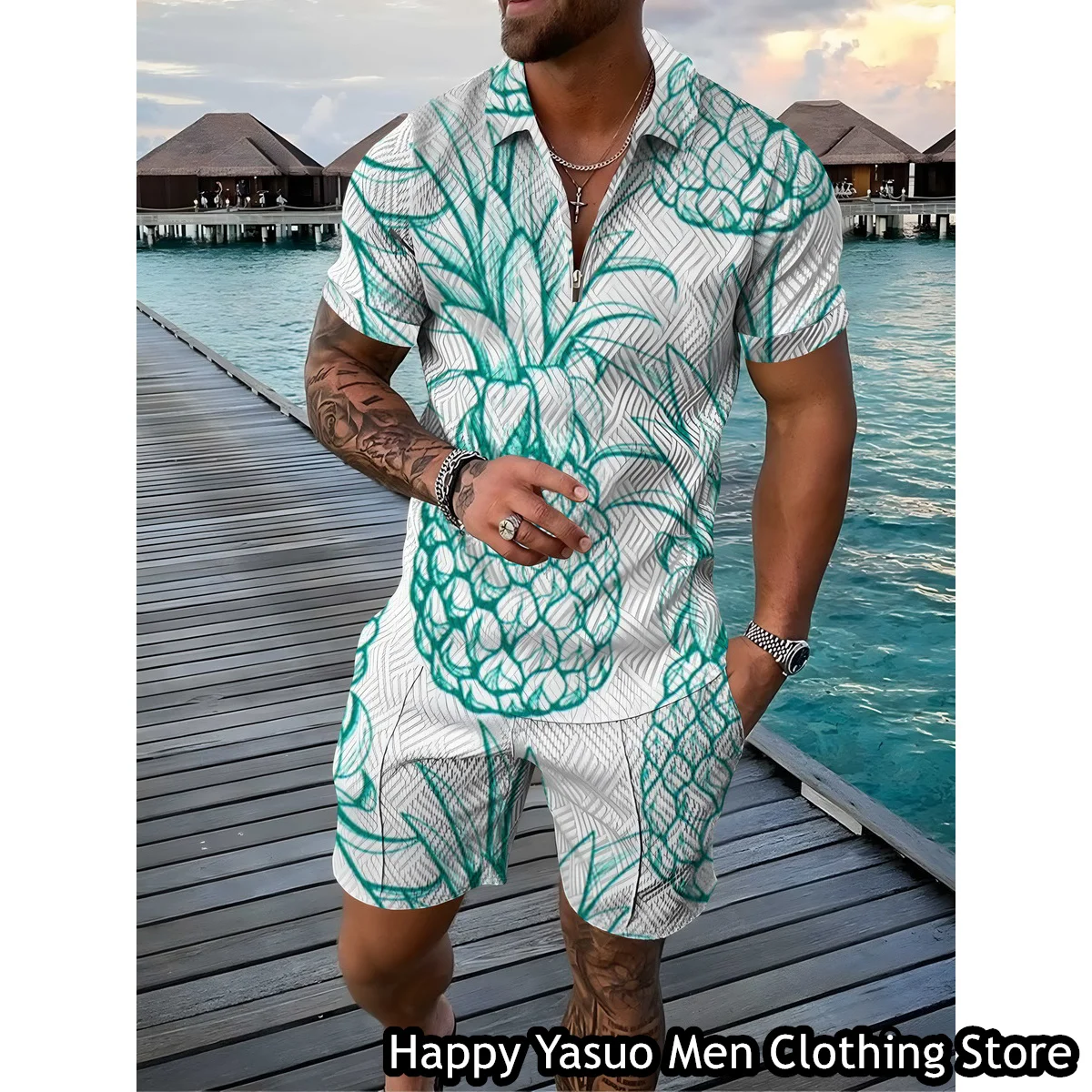 Summer Men Fashion Polo Shirt Set 2 Pieces Casual Tracksuit Fruit Printing Outfit Male Suit Retro Style Hawaii Clothing