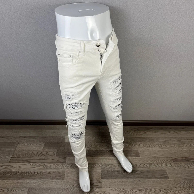 Street Fashion Men Jeans White Color Elastic Stretch Skinny Ripped Jeans Men Bandana Patched Designer Hip Hop Brand Pants Hombre