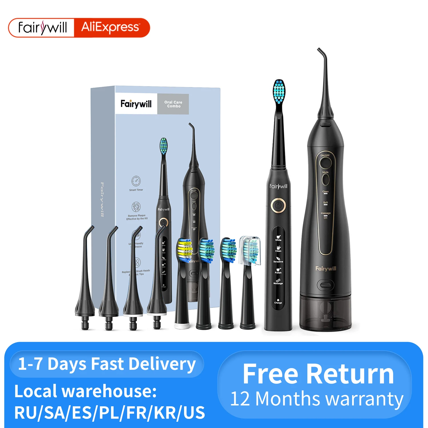 Fairywill Oral Irrigator USB Rechargeable Water Flosser Portable Dental Water Jet 300ML Water Tank Waterproof Cleaner 8 Nozzles