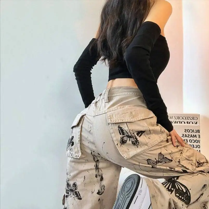 

Splattered ink tie-dye Butterfly Tooling Pants Women Autumn American y2k Straight Loose girl high street design Trousers w318