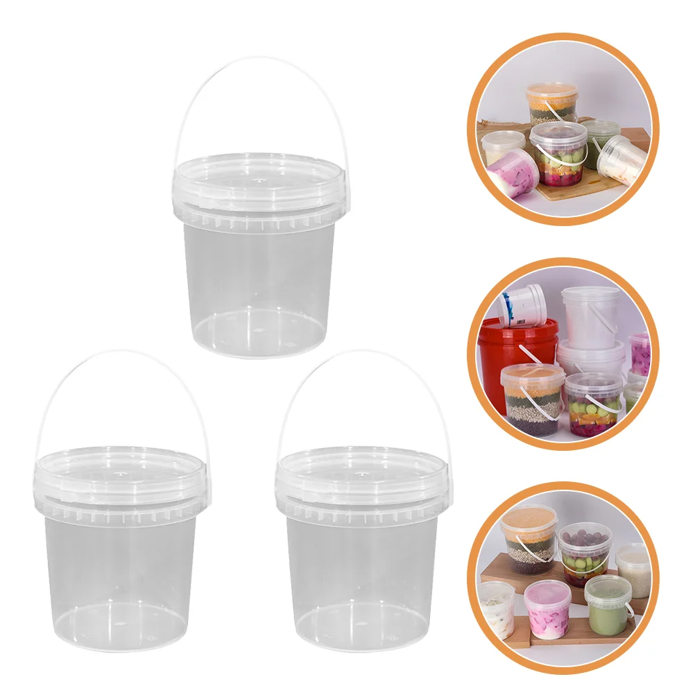 

3 Pcs Ice Cream Bucket Mini Plastic Containers Storage Handle Lidded Barrel Clear Holder Jam