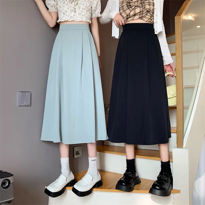 

Retro Elegant Ladies Harajuku Maxi Solid Black High Waist Midi Faldas Largas Mujer Korean Style Formal Pocket A Line White Skirt