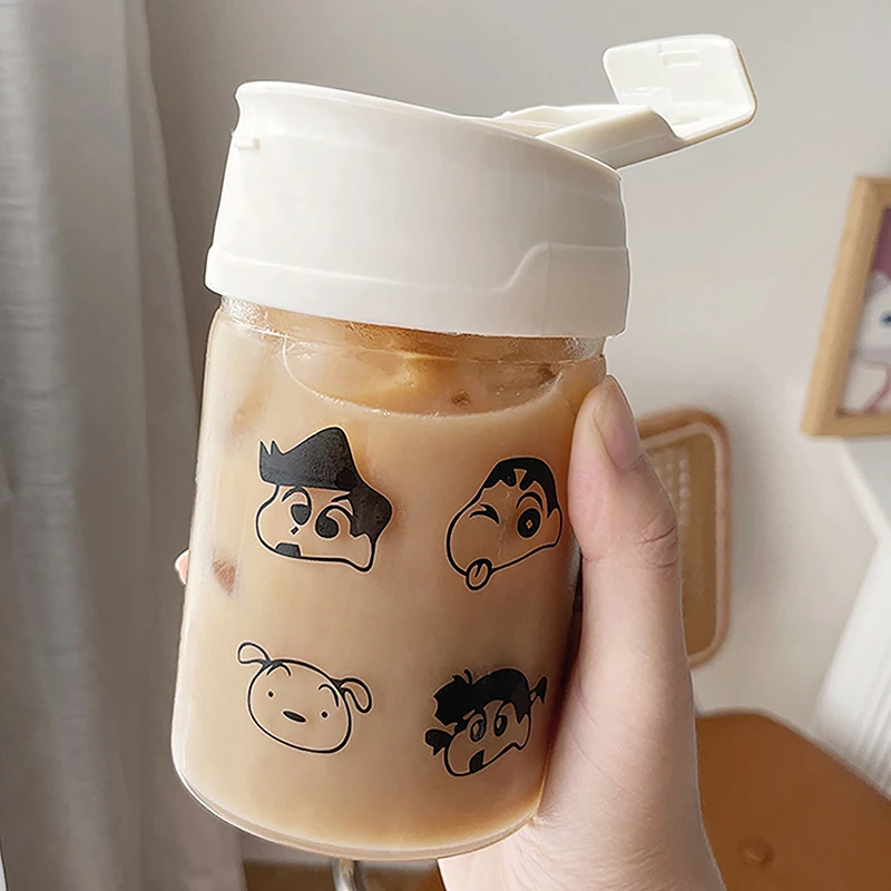 

Cartoon Crayon Shinchan Cup With Lid Glass Cute Straw Cup Office Coffee Anime Shinchan Going Out Portable Juice Cup