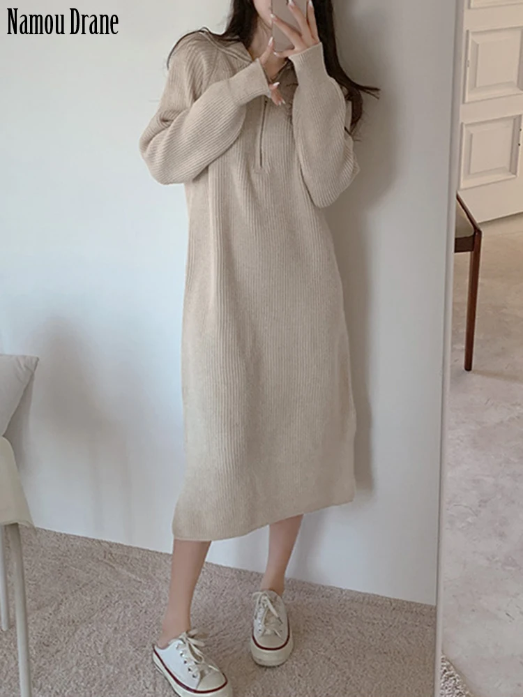 

Namou Drane 2022 Корейская версия мягкий восковой свободный свитер с высоким воротником на молнии длинное платье свитер платье для женщин