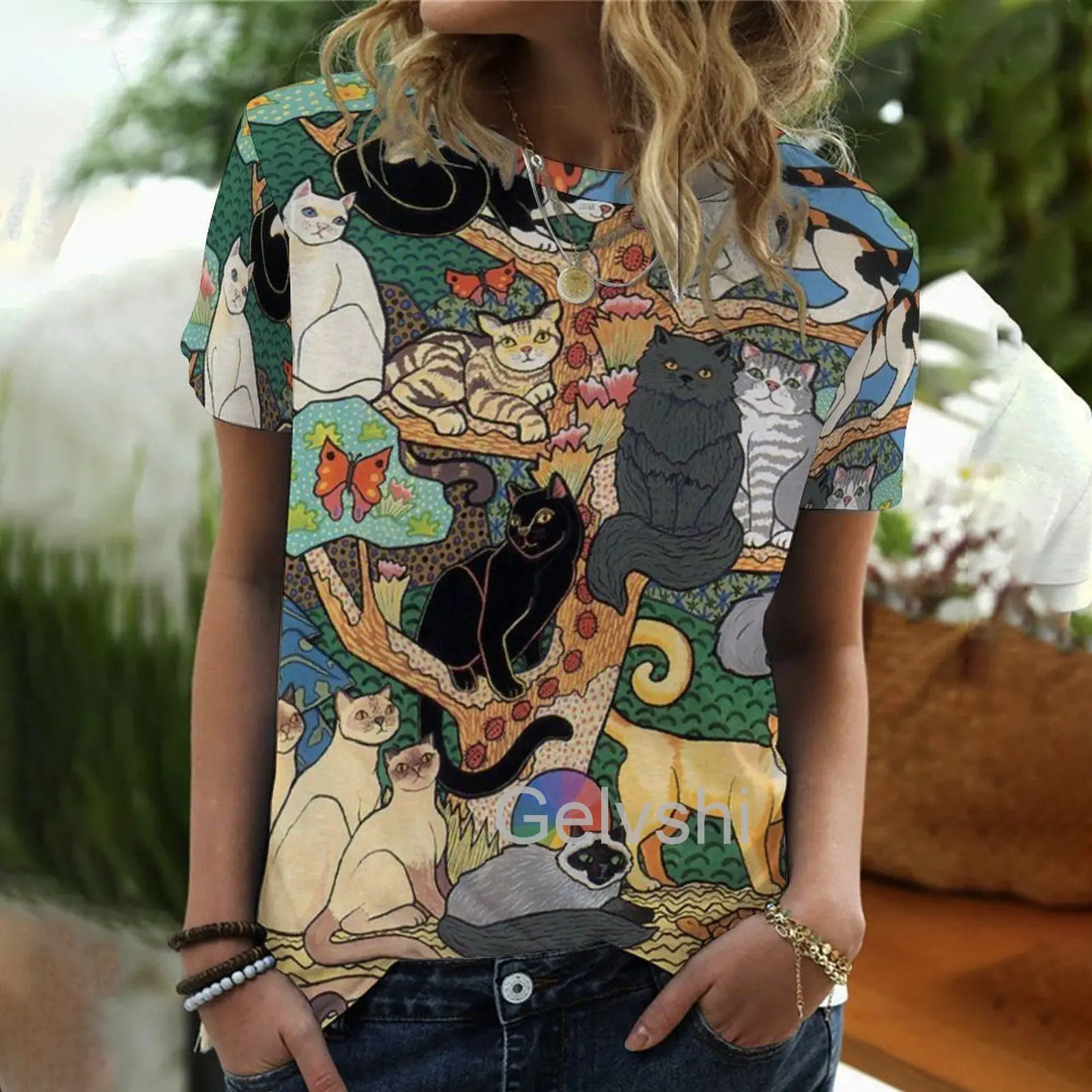 

Женская футболка с коротким рукавом, цифровой топ с круглым вырезом и 3D-принтом кошки, летняя рубашка в стиле Харадзюку