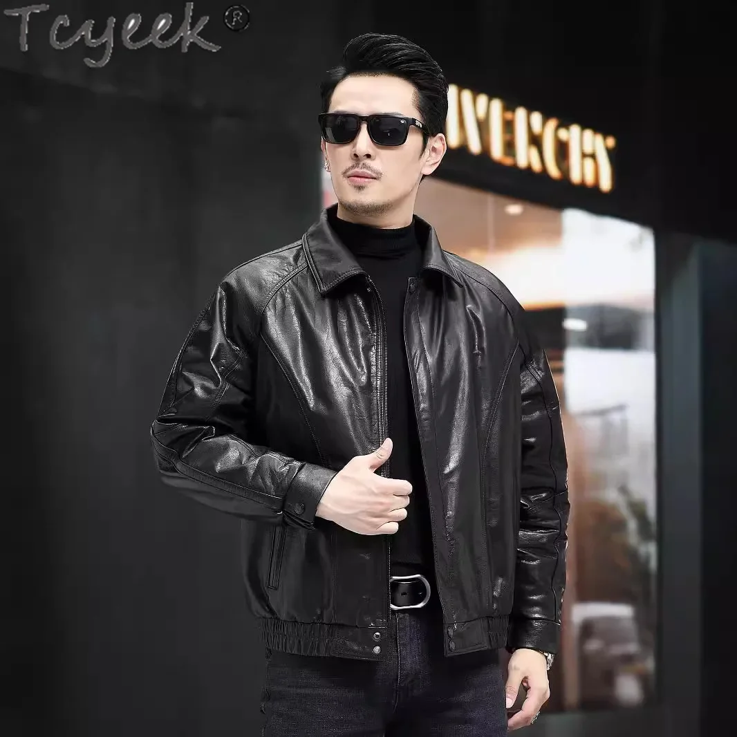 Tcyeek Куртка из натуральной кожи Мужские мотоциклетные куртки Верхний слой
