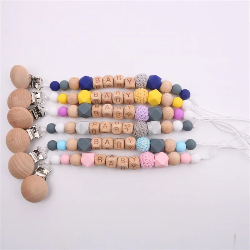 

Beech Wood Chew Beads Pacifier Clips Dummy Chain Holder Cute Soother Chains Baby Teething Toy