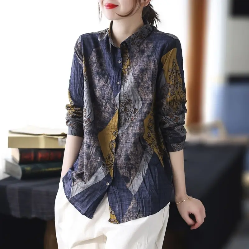 

M-3XL Loose Literary Retro Casual Shirt Women's Spring New Retro Print Long-sleeved Blouse Top