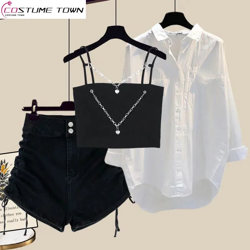 Spring and Summer Suit Women's 2023 New Korean Casual Shirt Fashion Small Sling Drawstring Jeans Three-piece Set