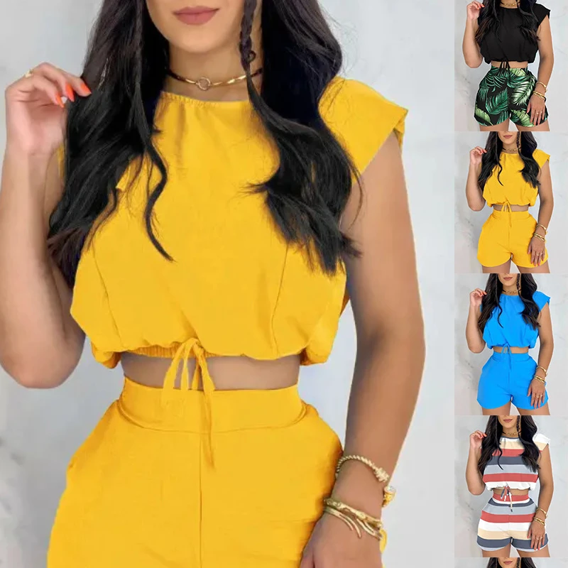 New Casual Trend Pattern Printed Mini Shorts Women's Suit 2023 Spring And Summer Fashion Sexy Solid Color Round Neck Tie Top