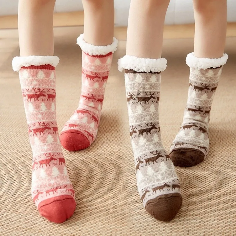 

5 Pairs Winter Warm Socks Women Plush Soft Female Non Grip Floor Slippers Short Sock Fuzzy Fluffy Deer Elk Bear Christmas Gift
