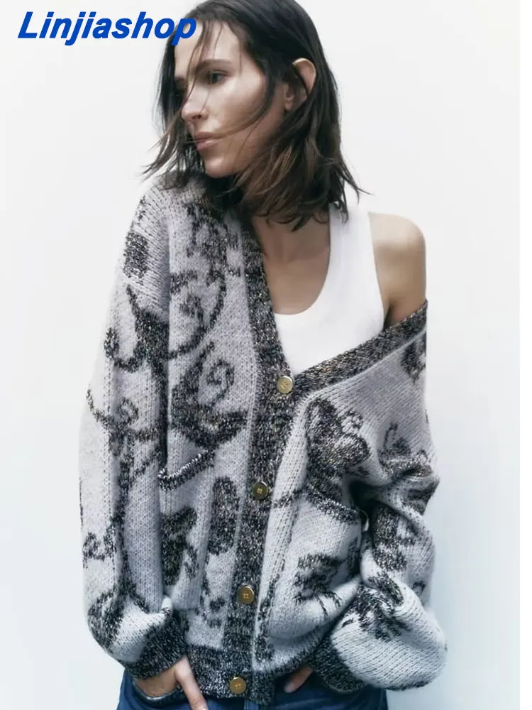 

Женский вязаный кардиган на пуговицах, свободный зеленый Теплый кардиган оверсайз с узором ромбиками, Осень-зима