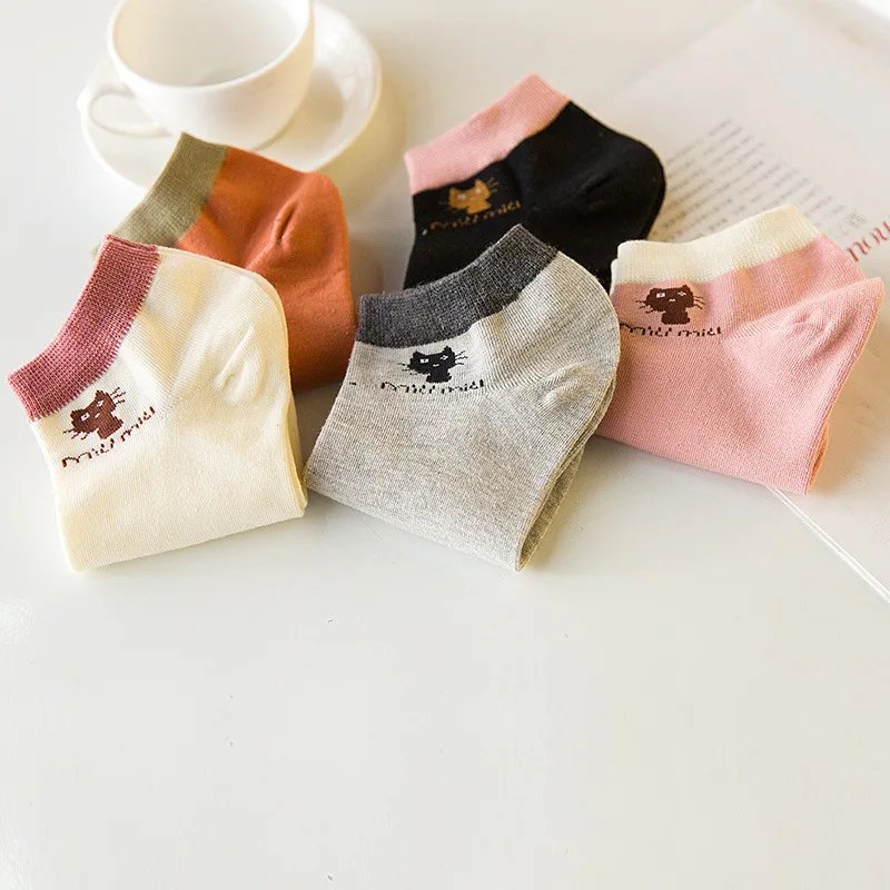 3/5 Pairs Summer Cute Cartoon Harajuku Cat Women's Sock Slippers Simple Japanese Kawaii Boat Socks Cotton Sock Slipper Hosiery