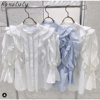 2022 spring and summer new japanese ladies sweet fairy stand collar ruffled lantern sleeve cotton shirt