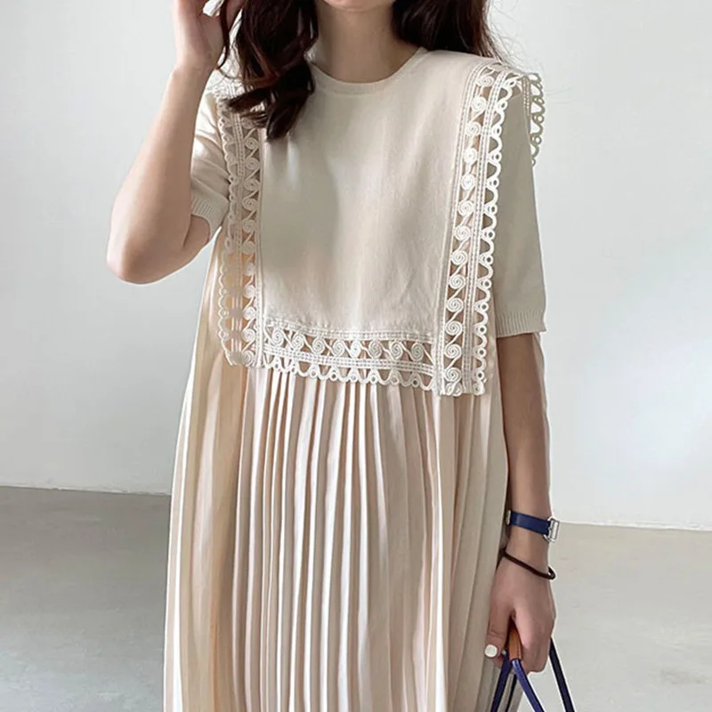 

French New Women Vintage Loose Long Dress 2022 Summer Hollow Out Pleated Dresdes Fashion Korean Womens Clothes Elegant