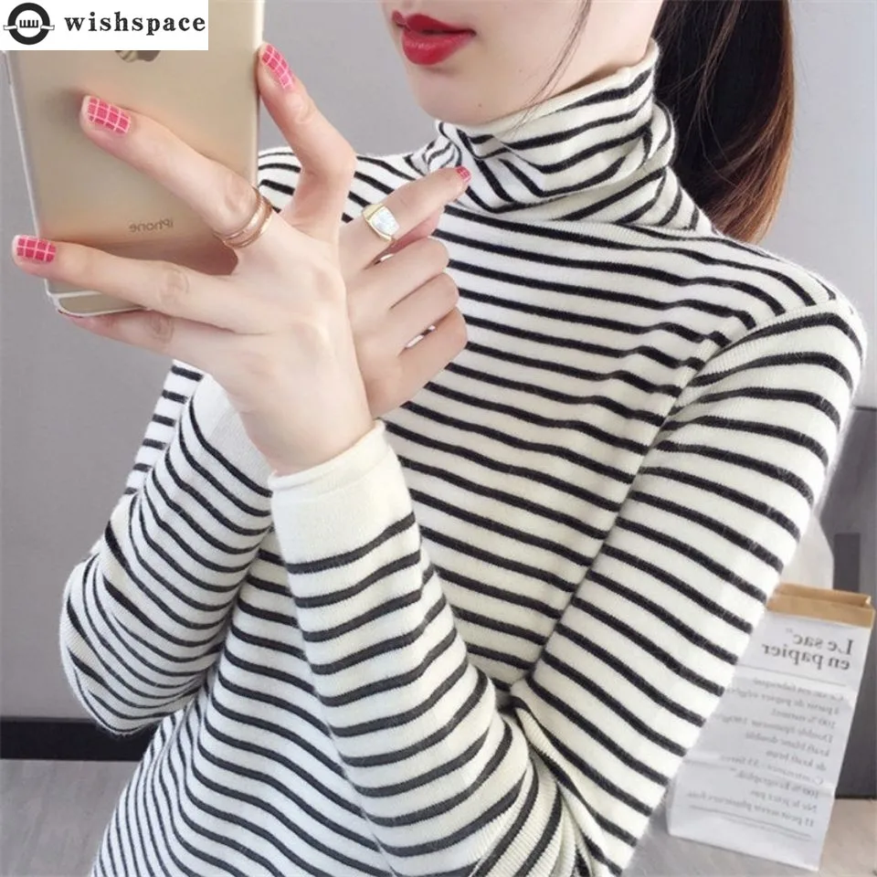 

Autumn New Stripe Stitching High Collar Long Sleeve Bottomed Shirt Elegant Women's Knitted Sweater Coat Warm Slim Fit Top