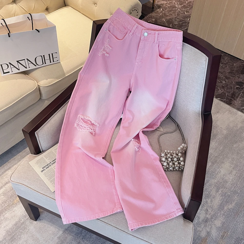 

American High Street Gradient Pink Perforated Design Women's Jeans Summer New High Waist Straight Tube Loose Female Denim Pants
