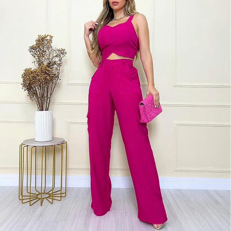 

Women's Pants Set 2022 Fall Women's New Solid Color Tied Rope Undershirt High Waist Insert Pocket Straight Pants Casual Set