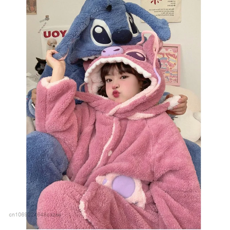 Disney Stitch Blue Pink Plush Pajamas Couple Cute Coral Velvet Pajamas Y2k Korean Warm Winter Flannel Housewear Suit For Women