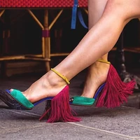 shoe for women pumps summer tassel high heels ankle strap sandal laces peep toe stiletto color mixed roman women pumps