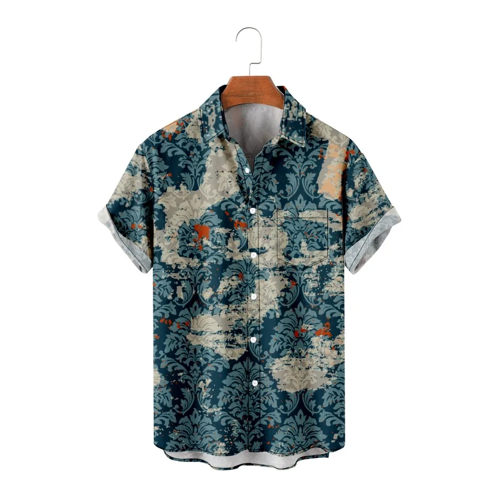 

2022 Pattern Stitching printing loose pocket thin shirt beach couple Hawaiian style short-sleeved all-match shirt
