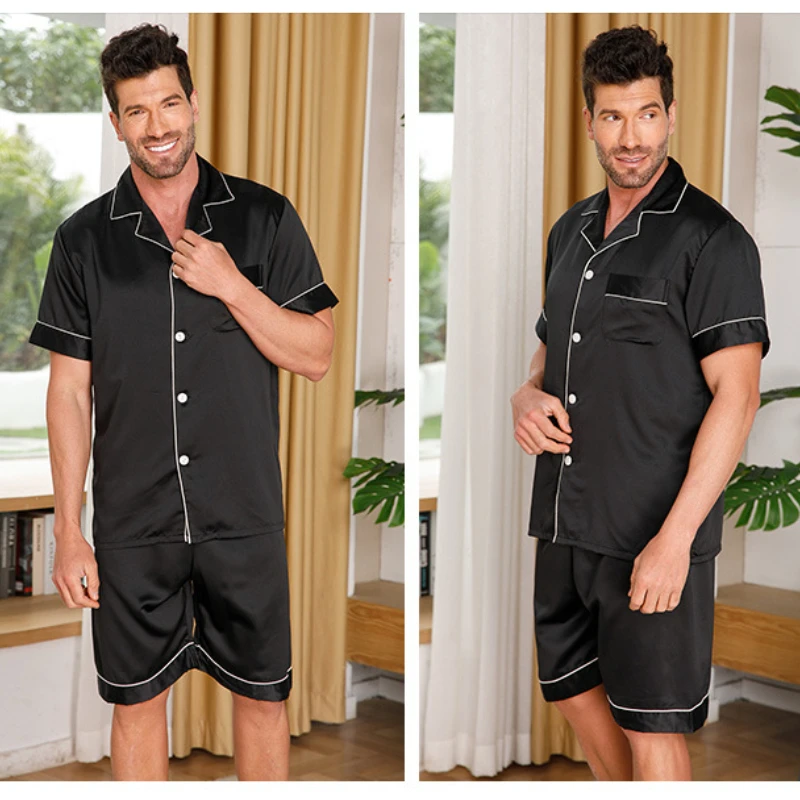 Sleepwear for Men This Cool Feeling Short-sleeved Shorts Ice Silk Simple and Casual Cardigan Pajamas Suit Comfortable Nightwear